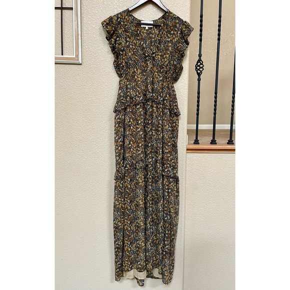 BA&SH Samantha Ruffled Printed Georgette Maxi Tiered Dress in Carbone 242/040 - Picture 3 of 14